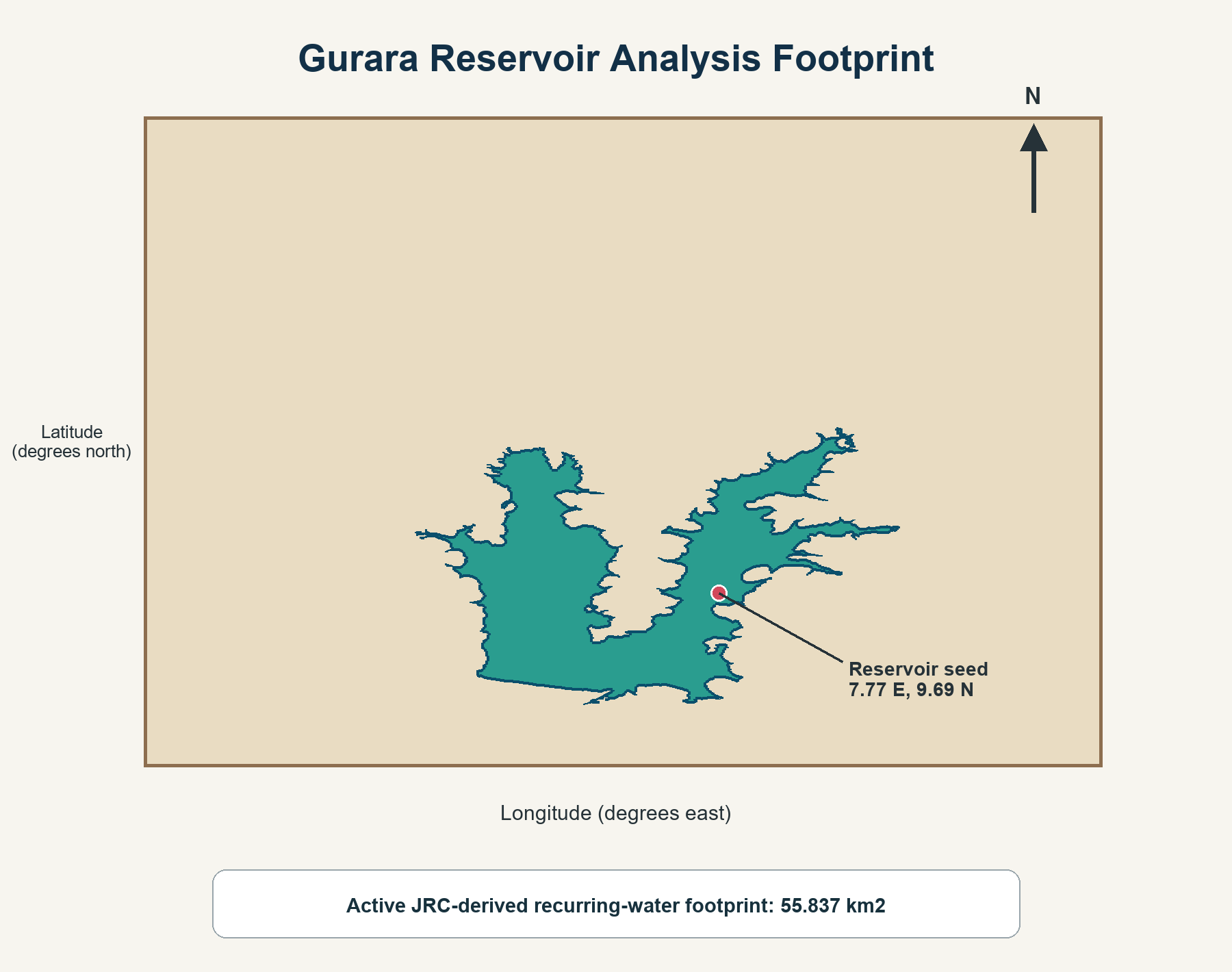Map showing the location and footprint of Gurara Reservoir